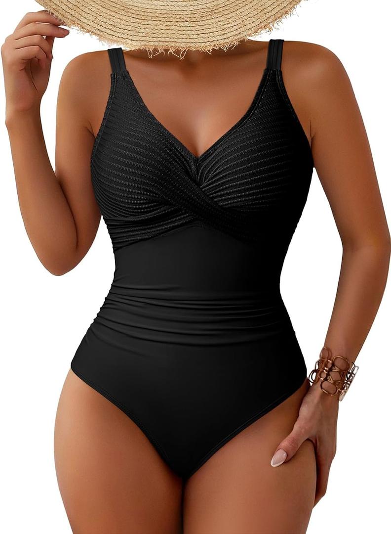 Pink Queen Womens One Piece Swimsuits Tummy Control Bathing Suit Modest Twist Front Swimwear Cruise Vacations Black L