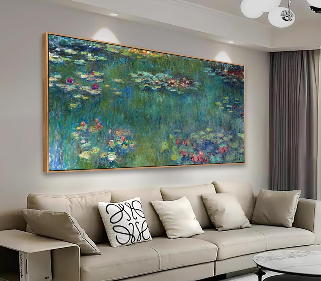 Framed Wall Art Canvas Prints Water Lilies by Claude Monet Garden Scenery Large Canvas Artwork Green Landscape Contemporary Nature Wall Pictures for Living Room Bedroom Home Office Decor 24" x 48"