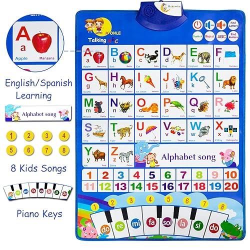 Bilingual Learning Toys for Toddlers Kids: Electronic Interactive Alphabet Wall Chart | Talking ABC, 123, English, Spanish, Piano Poster | Educational Gifts for Age 1 2 3 4 5 Year Old Baby boy Girl