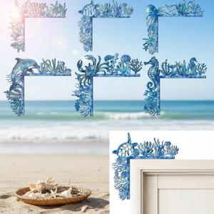 Qunclay 6 Pcs Door Frame Decoration Door Ocean Corner Frame Blue Coastal Topper Sign Sea Turtle Wall Decor Summer Nautical Craft Wall Decor for Home Office Indoor Outdoor Window