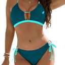 Blooming Jelly Womens Bikini Sets Two Piece Cheeky Swimsuits Curvy Cutout String Bathing Suits (Large, Colorblock Green)
