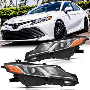 LED Projector Headlights Assembly Pair for 2018 2019 2020 2021 2022 2023 2024 Toyota Camry L/LE/SE Headlamps Head Lights Replacement Driver and Passenger Side,Chrome Housing Amber Reflector