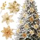 Floweroyal 30 pcs Poinsettia Artificial Christmas Flowers Decorations with Clips and Berry Stems Glitter Ornaments for Christmas Tree Wreath Fireplace Stairs Decor (Gold-3 Styles)
