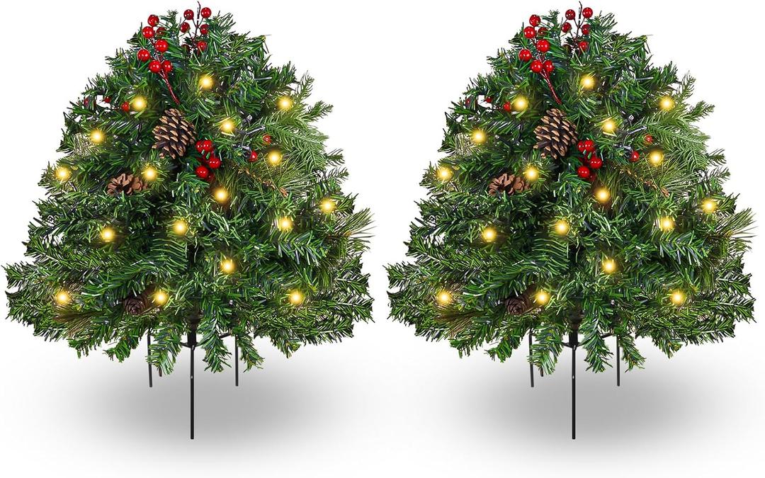 2 Pack Lighted Artificial Christmas Urn Filler 23 Inch, Battery Operated Prelit Mini Xmas Trees, Tripod Stake and LED Lights Christmas Porch Decorations