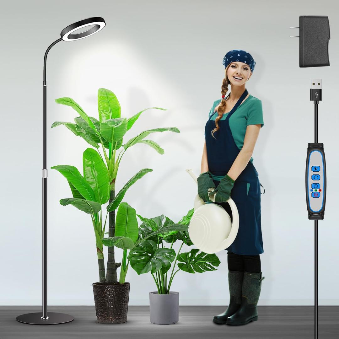Garpsen Grow Lights for Indoor Plants, Full Spectrum LED Plant Light with Stand, 3 Color Modes Floor Grow Lamp with Timer 6/12/16H, 5 Dimmable Levels, 67'' Adjustable Height for Large Plants