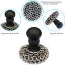 316 Upgraded Chainmail Scrubber with Silicone Handle Cast Iron Cleaner for Cast Iron Grill Pan Skillet Wok Bakeware Ergonomic to Hold Easy to Use Dishwasher Safe, Scrubber + Scraper + Towel (Black)