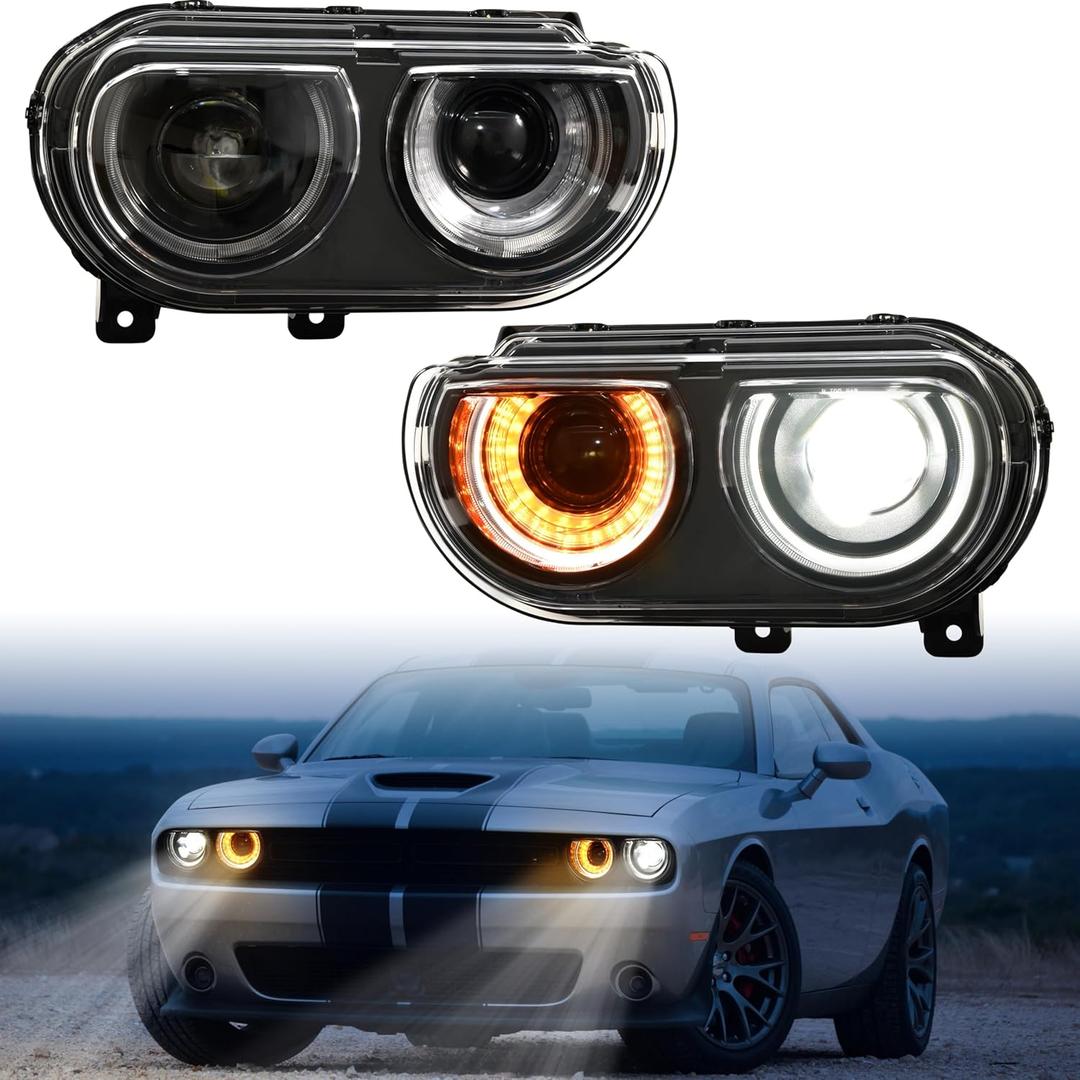 LED Headlights for Dodge Challenger 2008-2014 Accessories, Full LED Projector Head Lamp with Halo White DRL HI/LO Beam Amber Turn Signal, Plug-and-play, Bulbs Included, 2PCS