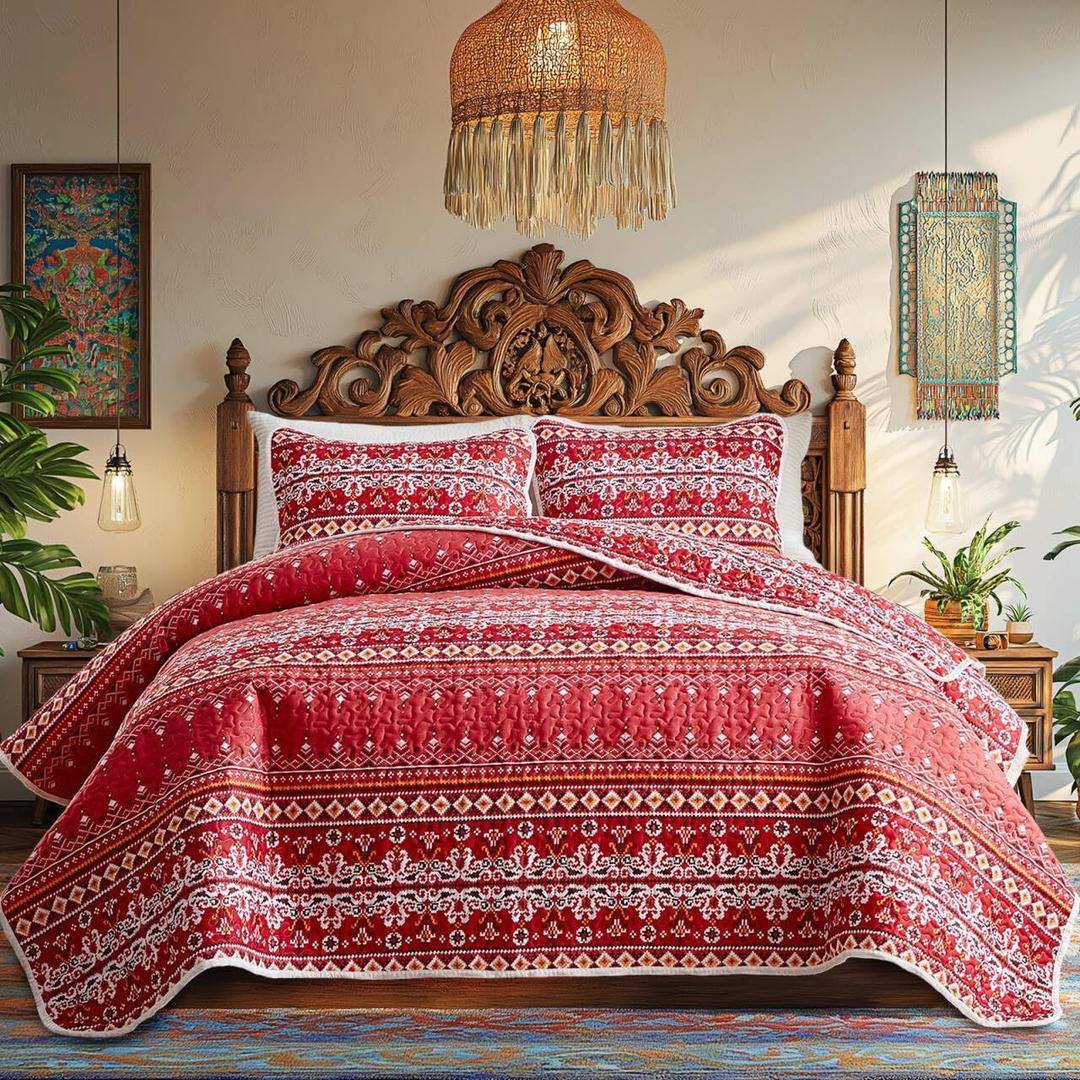 3 Pieces Bohemian Quilt Sets Queen Size, Red Striped Boho Tribal Geometric Printed Bedspread with Shams Soft Lightweight for All Season (Queen/Full, 88x88 inches)