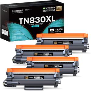 TN830XL Toner Cartridges 4 Pack (with Chip) Replacement for Brother TN 830 XL TN830 XL/V/R Toner Cartridge Compatible with HL-L2460DW DCP-L2640DW HL-L2400D HL-L2405W HL-L2460DWXL Printers (Black)