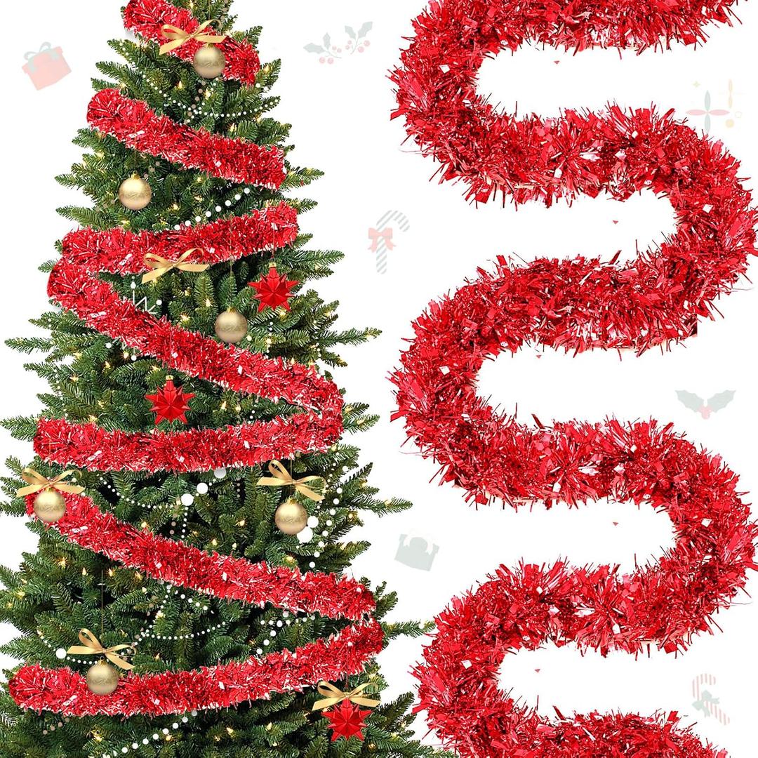 118 Feet Christmas Tinsel Garland Glitter Tinsel Twist Metallic Tree Shiny Hanging Ceiling Garland Decorations for Indoor Outdoor Holiday Party(Red)