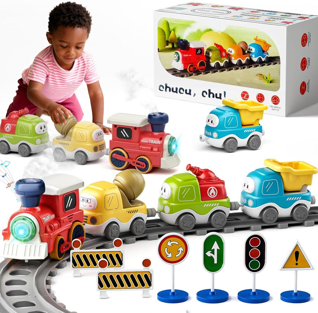 Electric Train Set for Toddlers with Sound & Lights, Magnetic Connection Train Toys with Tracks & Road Signs, Christmas Birthday Gift for 3 4 5 6 Year Old Boys Girls