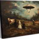 Retro UFO Canvas Wall Art Whimsical Alien Abduction Wall Decor Pictures Victorian Landscape Funny Altered Poster Prints Eclectic Trippy Spaceship Artwork for Living Room Bedroom Decoration 12x16in