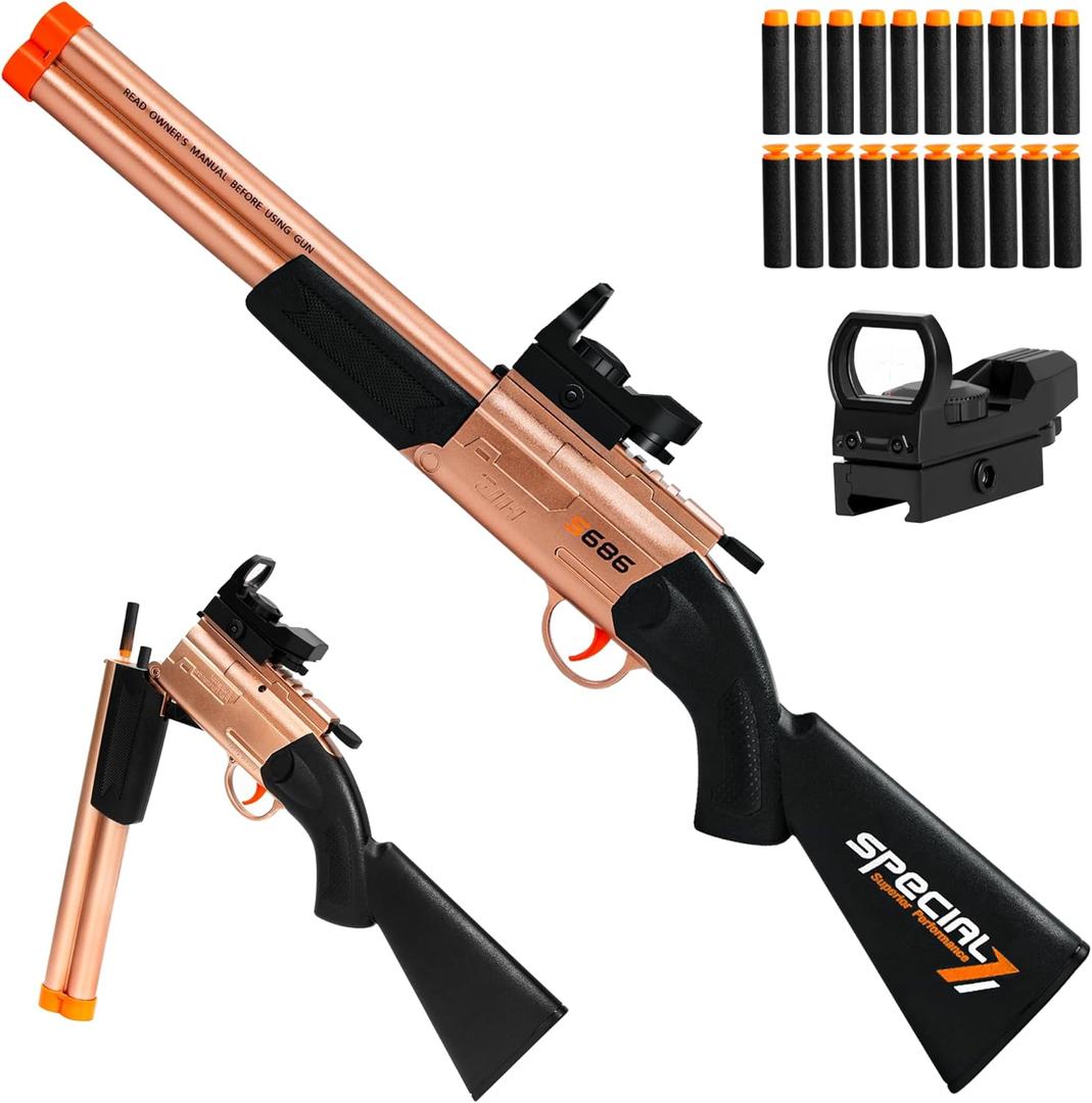 DoubleBarrel Shotgun Gold Soft Bullet Realistic Shell Ejecting Foam Blaster Sniper Rifle Kids 8+ Young Boys Girls Age 812 Dart Teen Adults Red Dot Scope Cool Outdoor Play Shooting Game