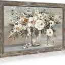 Flowers Bouquet Wooden Framed Artwork: Vintage Botanical Floral in Vase Wall Art Print Painting Rustic Abstract Nature Plant Picture for Living Room Kitchen Bathroom Bedroom Farmhouse (36"L x 24"W)