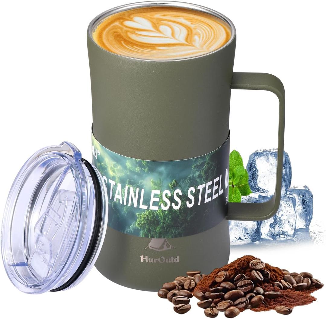 20 oz Stainless Steel TumblerDouble-Wall Vacuum Insulated Beer Mug with HandleKeeps Beverages Hot & Cold for HoursSweat-Proof Metal Tankard for IPA, Coffee, CocktailsGreen