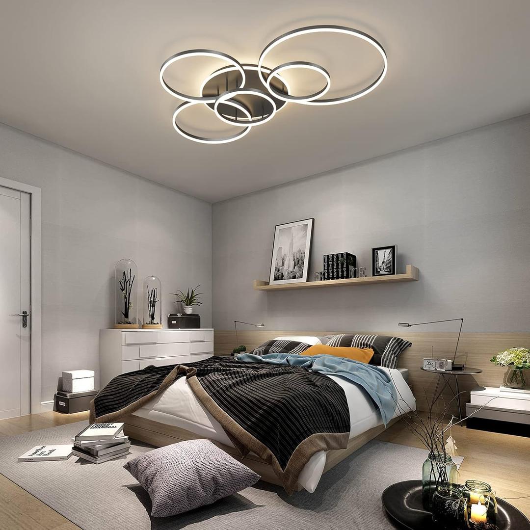 Modern LED Ceiling Light 106W Dimmable Acrylic Ceiling Lamp with Remote Control 6 Rings Circle Living Room Light Fixtures Ceiling Black Ceiling Chandelier Lighting for Bedroom Dining Room (5+1B01)