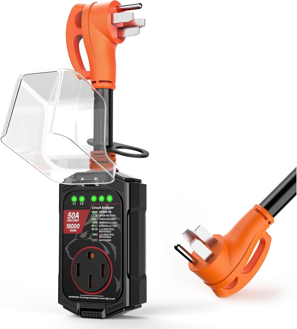 Vehiker  -RV Surge Protector 50 Amp, RV Power Surge Voltage Protection, RV Adapter Plug for Camper, Circuit Analyzer for Travel Trailers with Waterpoof Cover(Orange) (50Amp with No LED Display)