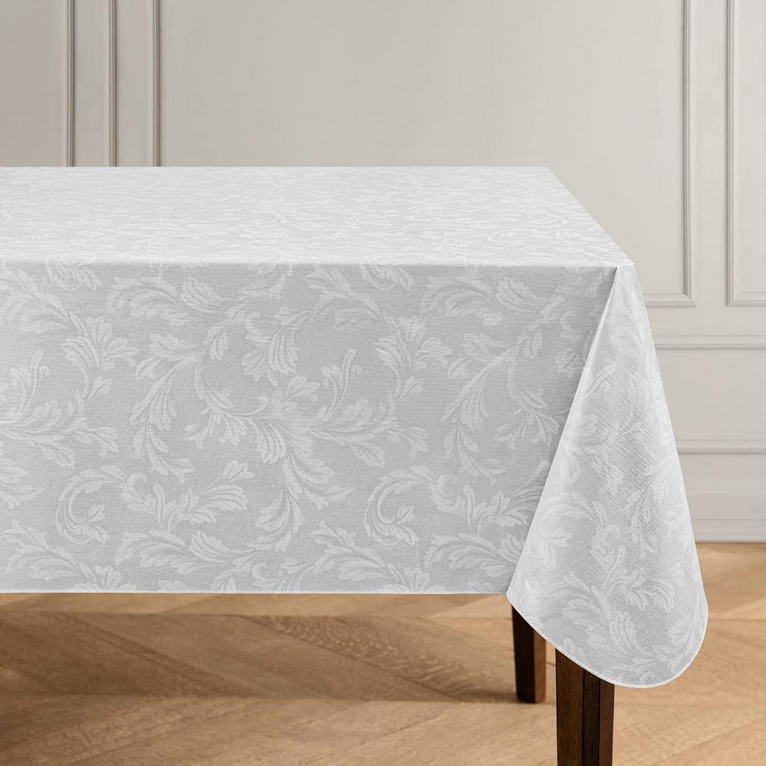 Elrene Home Fashions Camile Floral Damask-Scroll Water- and Stain-Resistant Vinyl Tablecloth with Flannel Backing, 52 Inches X 52 Inches, Square, Gray/White