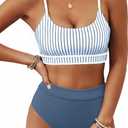 BMJL Women's High Waisted Bikini Ribbed Two Piece Swimsuit High Cut Color Block Adjustable Straps Bathing Suit (L)