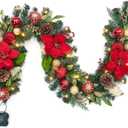 Lighted Christmas Garland, 6 Ft Battery Operated Christmas Garland with 20 LED Lights Red Gold Balls Poinsettias, Cordless Xmas Garland for Fireplace Mantle Stairecase Indoor Outdoor Decorations