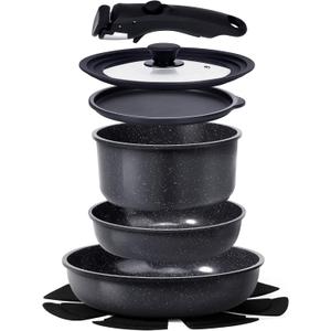 GiPP Ceramic Non Stick Pots and Pans Set,Nonstick Detachable Handle Cookware Sets,Healthy Non Toxic PFAS PFOA & PTFE Free, Dishwasher Oven Safe, Induction Kitchen Pot and Pan, 8 Piece Grey