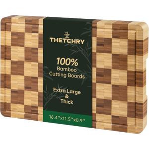 Bamboo Cutting Boards for Kitchen, End Grain Wood Cutting Board with Juice Grooves & Handles, Charcuterie Checkered Chopping Board Thick Butcher Block Serving Tray with Gift Box, 16.4"11.5" 1"