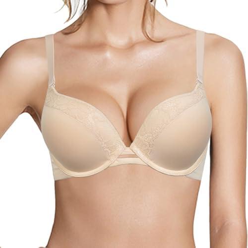 Pushlus Push Up Thick Padded Plunge Underwire T Shirt Lace Bra Lift Support for Women Add One Cup, 34B