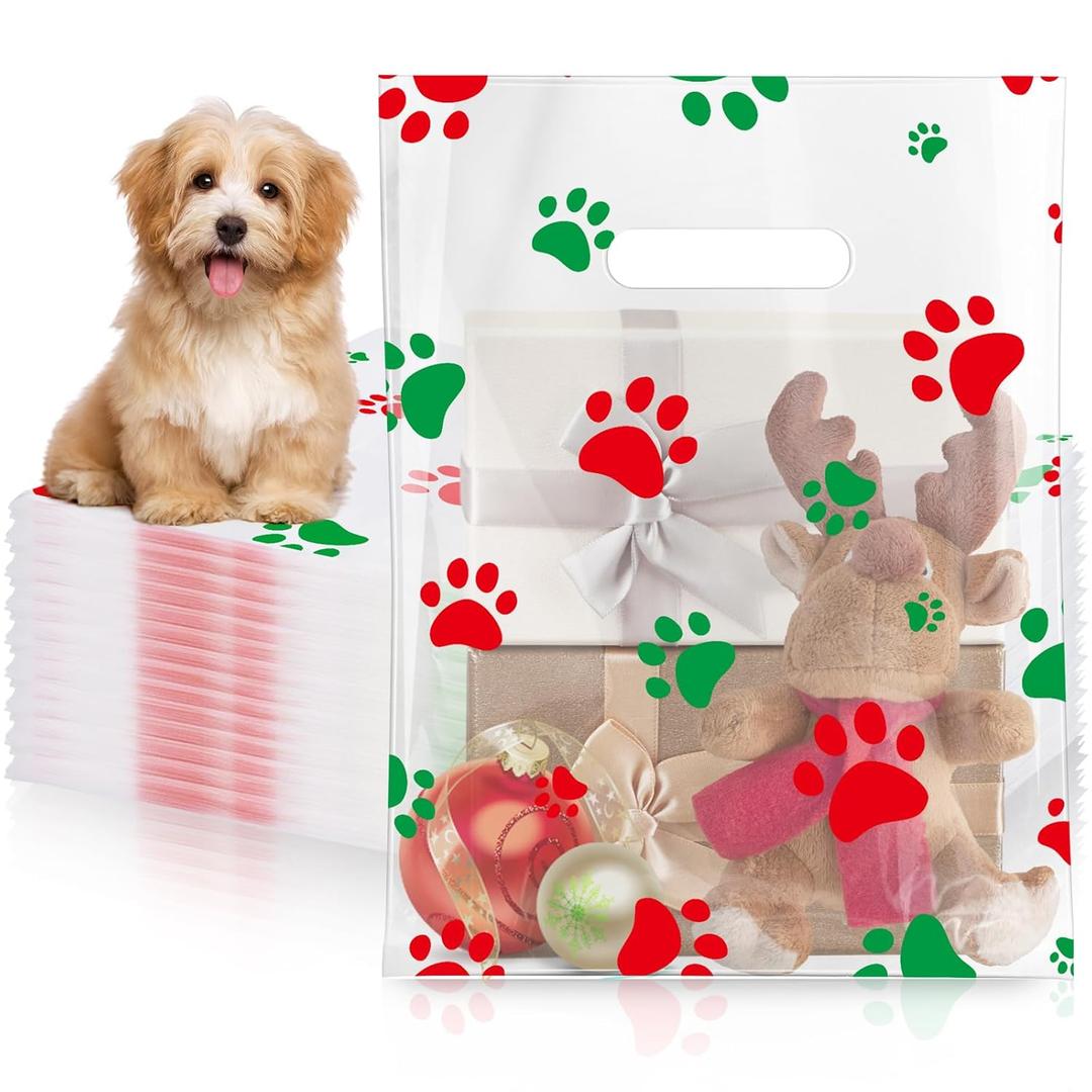Cholemy 100 Pcs Dog Paw Plastic Bags Dog Gift Bags Shopping Merchandise Sturdy Totes with Handles for Holiday Birthday Party Business, 9 x 12 in (Red and Green)