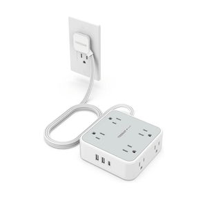 Surge Protector Flat Extension Cord Flat Plug Power Strip, 8 AC Outlets, 3 USB Charger(1 USB C Port) 3-Sided Outlet Extender, 25 Ft, 900 Joules Protection, Office Supplies, Dorm Room Essentials, Grey