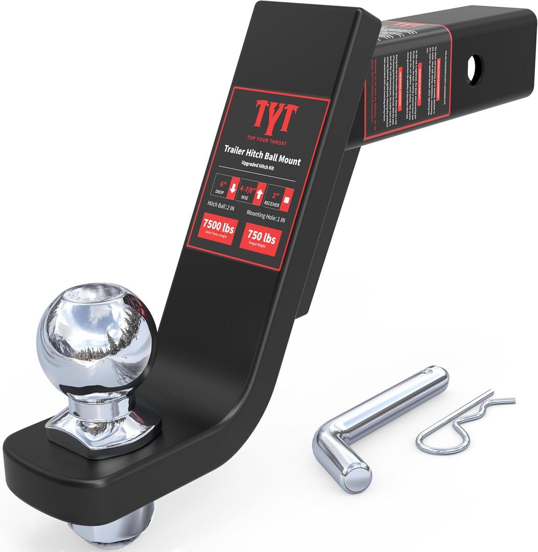 TYT Trailer Hitch Ball Mount Kit, 6-Inch Drop, Fits 2-Inch Receiver, 2-Inch Trailer Ball with 5/8" Hitch Pin Clip, Rated 7,500 lbs GTW / 750 lbs TW