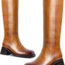 Knee High Boots Women Faux Leather Boots Low Heel Square Toe Side Zipper Fall Long Riding Boots For Women (7, Brown)