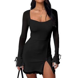 Kaximil Women's Sexy Bodycon Mesh Long Sleeve Square Neck Slit Party Short Mini Dress, Medium, Black