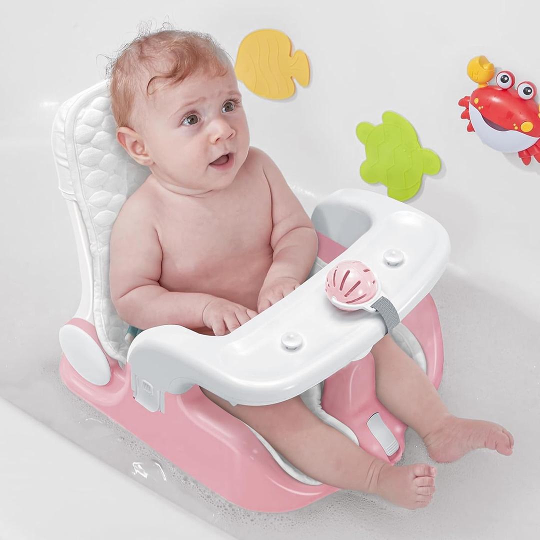 BabyBond Baby Bath Seat with Sitting & Lying 2 Modes, 3-Speed Adjustment, Powerful Suction Cups, Infant Bathtub Chair with Soft and Comfortable Towel, Folding and Hanging (Pink)