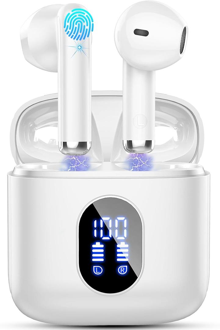 Wireless Earbuds, Bluetooth Headphones 5.4 with ENC Noise Cancelling Mics, 30H Bluetooth Ear buds 3D Bass with LED Display Charging Case, IP7 Waterproof Wireless Earphones for Android, iOS, Pearlwhite