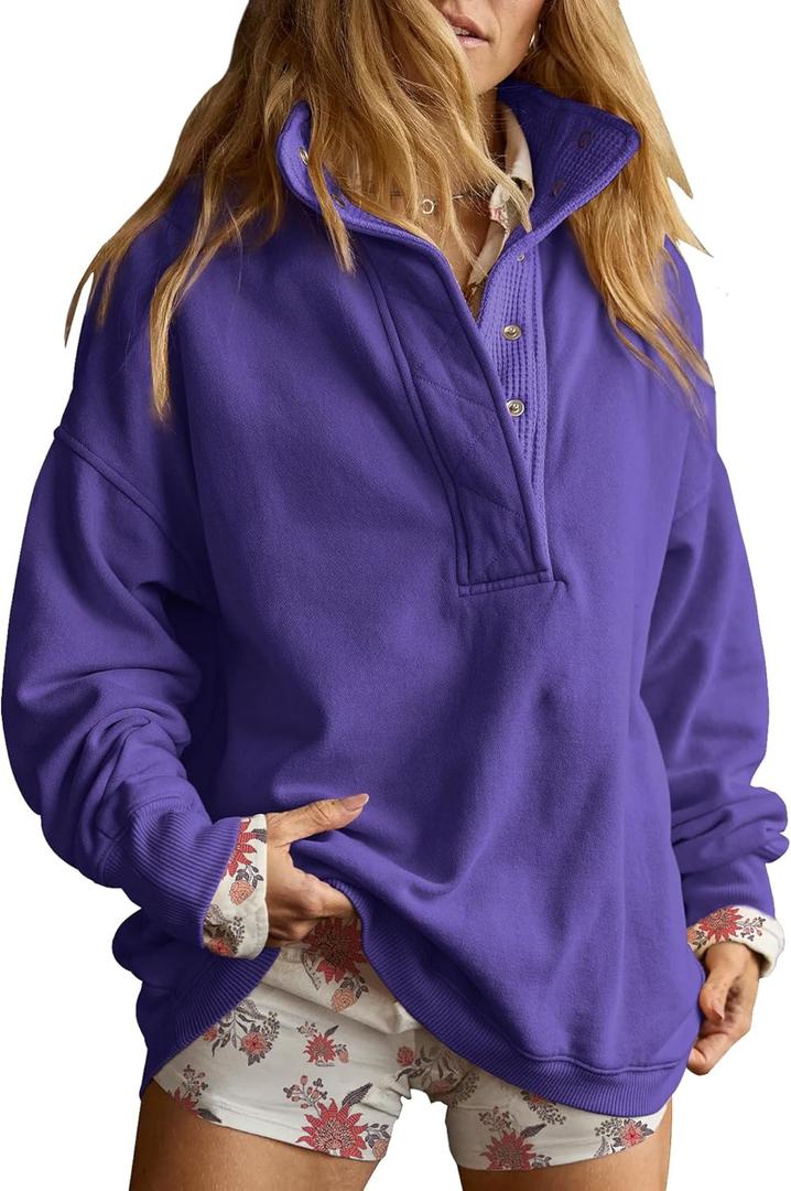 Gacaky Sweatshirt for Women Oversized Casual Long Sleeve Button Henley Neck Pullover Tops Fashion Outfits Clothes (Small, Purple)