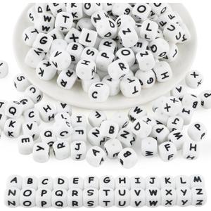 130Pcs 12mm White Square Silicone Letter Beads A-Z, Cube Alphabet Silicone Beads for Keychain Making, Ideal for Necklace Bracelet Pens and DIY Crafts