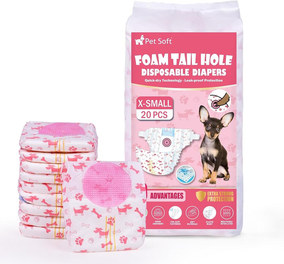 Pet Soft Disposable Dog Diapers - Female Dog Diapers with Adjustable Foam Tail Hole, Ultra Protection Puppy & Cat Diapers Wetness Indicator for Dogs in Heat or Incontinence,20pcs (XS,Red)