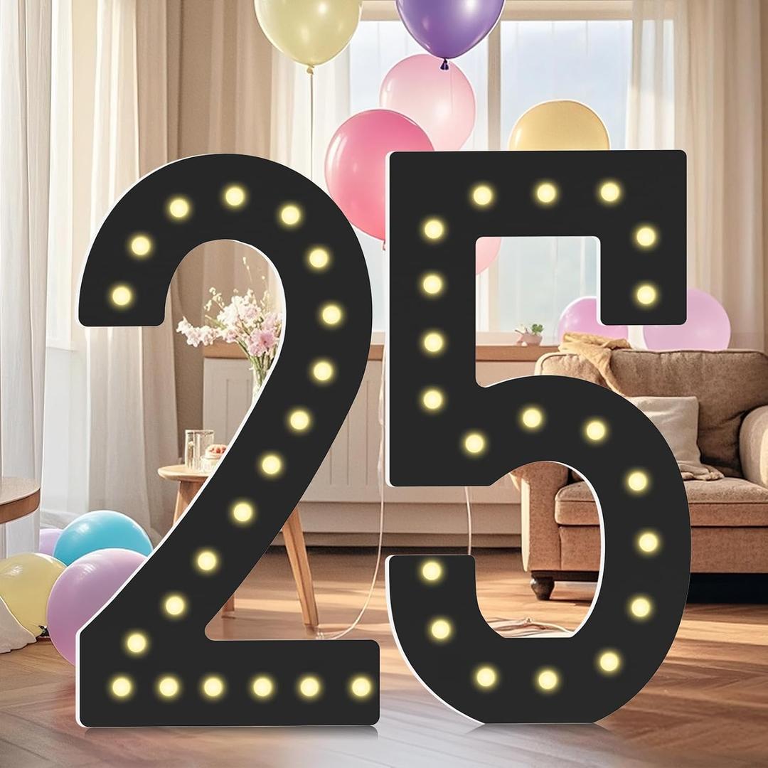 LOBOOM 4FT Marquee Light Up Numbers, Black Giant Marquee Number Big Mosaic Number for 25th Birthday Party Decorations Backdrop 25 Anniversary Decor, Pre-Cut Frame