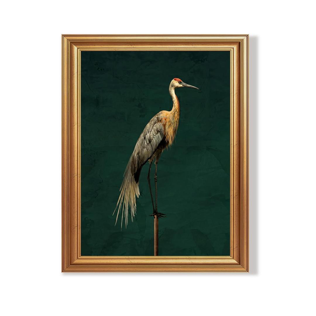 Wojuin Vintage Crane Canvas Framed Wall Art Dark Green Background 16x24 in