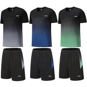 Men's Workout Sets Athletic Clothes Soccer Shirts Shorts 3 Pack Basketball Running Gym Football Outfits Summer (X-Large, Grey-blue-green)