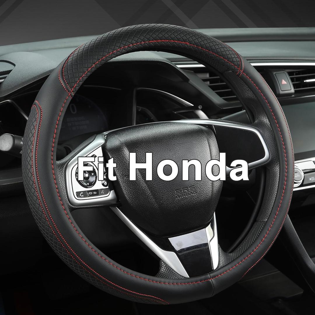West Llama Customized Auto Car Steering Wheel Cover for Honda Accord Civic CR-V HR-V Pilot Fit Passport Odyssey 14.5-15inch(Black+Red Line-Standard Size)