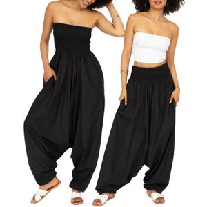 likemary Harem Pants Women Jumpsuit  2-in-1 Strapless Romper Converts into Comfy Boho Balloon Pants with Pockets  One Size (Black)