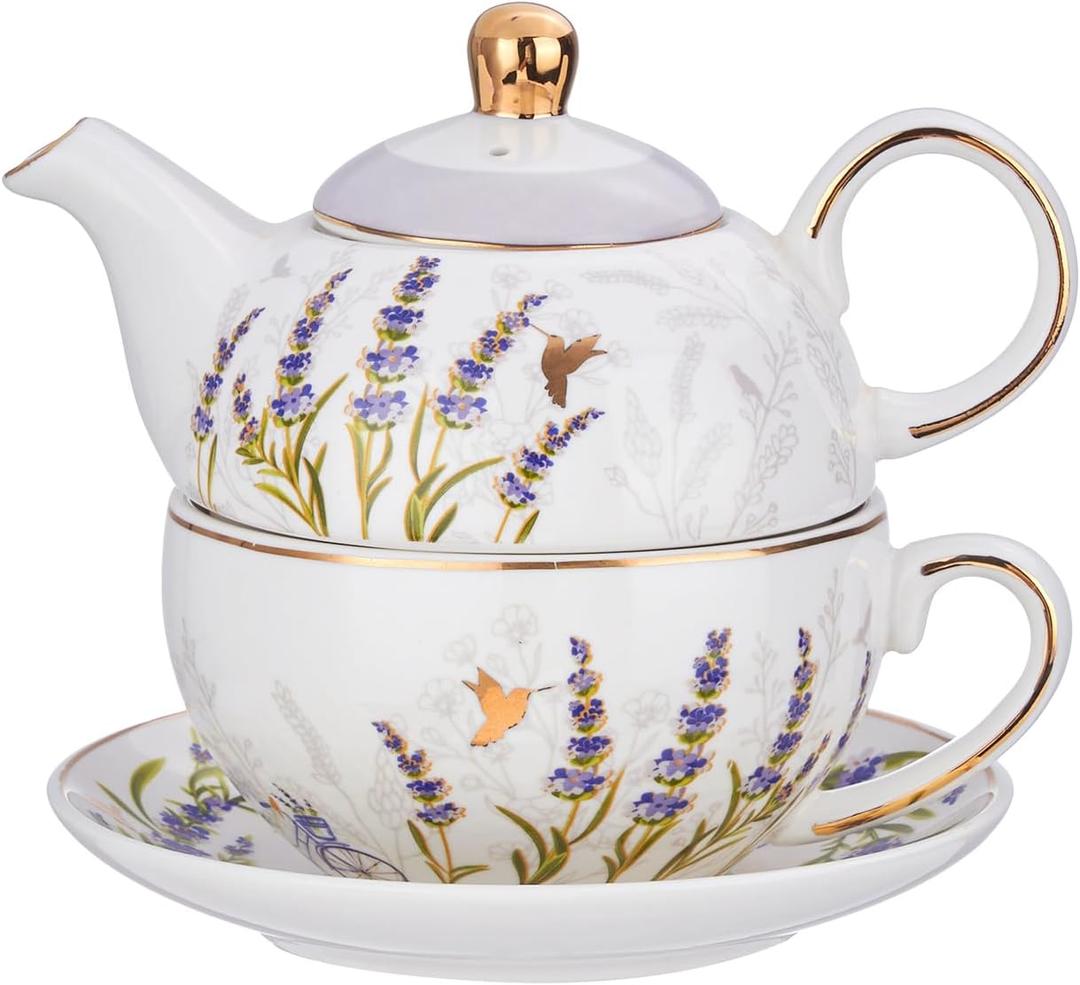 Tea for One Set, Teapot and Cup Set, Lavender | Gold Trim Tea Set for One, Floral Teapots Gift for Women