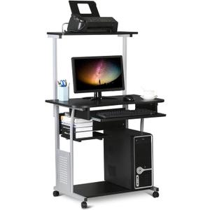 Yaheetech 2 Tier Mobile Computer Desk with Printer Shelf & Keyboard Tray Rolling Computer Table for Small Spaces, Compact Study Workstation with Wheels, Space Saving, Black