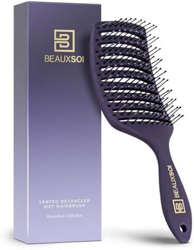 BEAUXSOI Vented Detangling Brush for Wet or Dry, Thick, Coily, and Curly Hair | Curved Vent Brush for Blow Drying