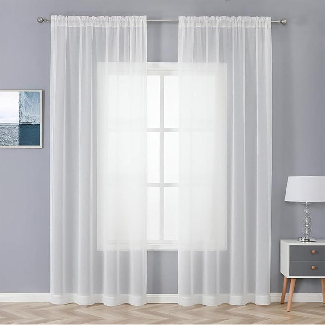 WUBODTI White Sheer Linen Curtains 84 Inches Long 2 Panel Sets for Living Room, Rod Pocket Cheap Semi Sheer Voile Tulle Window Curtain Drapes for Bedroom Dining Room, 52"x84"