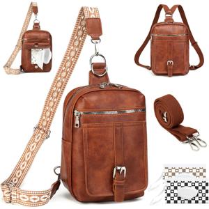 Sling Bag Crossbody Backpack - 2 in 1 Leather Cross Body Bag Fanny Pack with 2 Removable Straps (Big Brown)