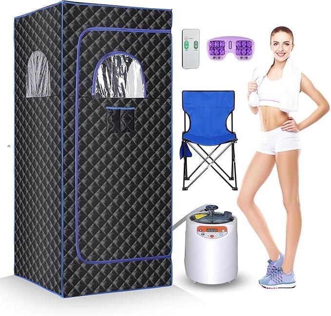 Portable Sauna Box,Steam Sauna Tent for Home Spa,Large Space Personal Home Sauna Tent Full Body with 3 L 1100 w Steamer,Chair,Foot Massager,Remote Control Included (Black)