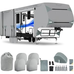 5th Wheel RV Cover 28-31ft, Upgraded 7-Layer Thick | 400 LBS Tearproof, Waterproof, Anti-UV & Windproof Camper Cover w/Tongue Jack Cover, Gutter Covers, Tire Covers, Stair Cover, Straps & Storage Bag