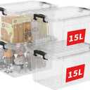 Cetomo 18Qt*4 Plastic Storage Bins, Storage Box, 4 Pack, Organizing Container with Durable Lids and Secure Latching Buckles, Stackable and Nestable, Clear with Black Buckle
